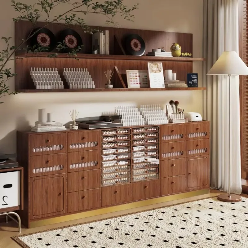 Factory Direct Sales Walnut Nail Salon Display Cabinet Nail Polish Adhesive Transparent Drawer Storage Cabinet
