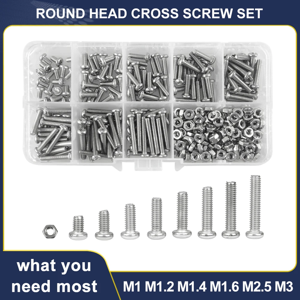 M1 M1.2 M1.4 M1.6 M2.5 M3 vite 304 in acciaio inox Phillips testa tonda croce metrica filettatura macchina bullone scatola Set assortimento Kit