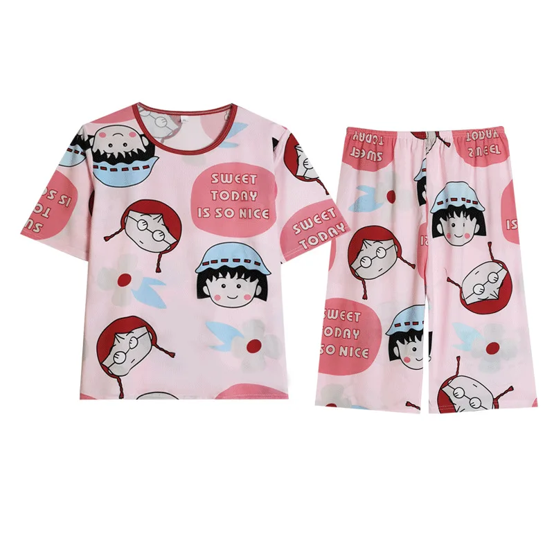 Anime Cartoon Chibi Maruko-Chan Women\'s Pajamas Summer New Cute Short Sleeve Round Neck Thin Sweet Girly Home Clothes Set Gift