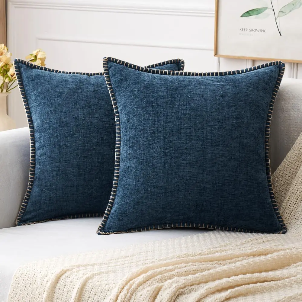 Blue Chenille Cushion Cover 45x45CM Solid Luxury Pillow Cove for Sofa Living Room Square Velvet Lumbar Pillow with Stitched Edge