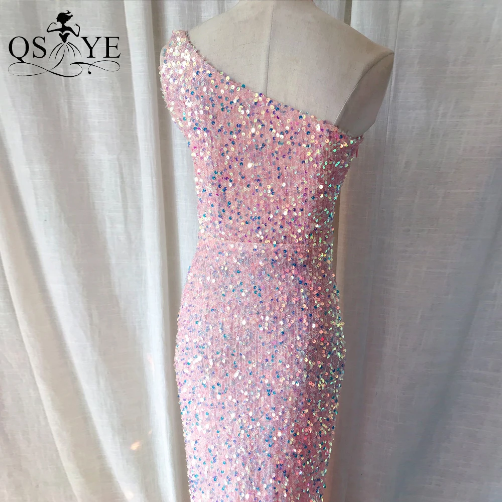 Een Schouder Roze Avondjurken Sequin Mermaid Prom Gown Glitter Kant Lange Formele Party Open Split Lady Pinkfashion Jurk Chic