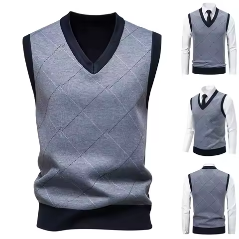 Men's Knitted Warm Sweater in Autumn and Winter V-neck Vest Diamond Grid Twisted Flower Casual Fashion Versatile Top