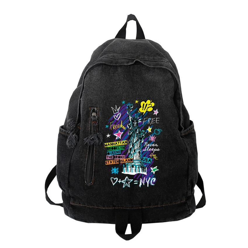 

Gradient Washed Denim Backpack Women Men Unisex Trend Freedom Goddess Pattern Print Student Denim Bag Casual Versatile Backpack