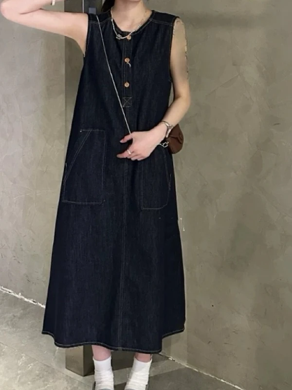 Retro runde Ne Weste Dr frauen Sommer Neue Koreanische Version Abnehmen Denim Langen Rock A-Line Silhouette No-Sve lange Dr