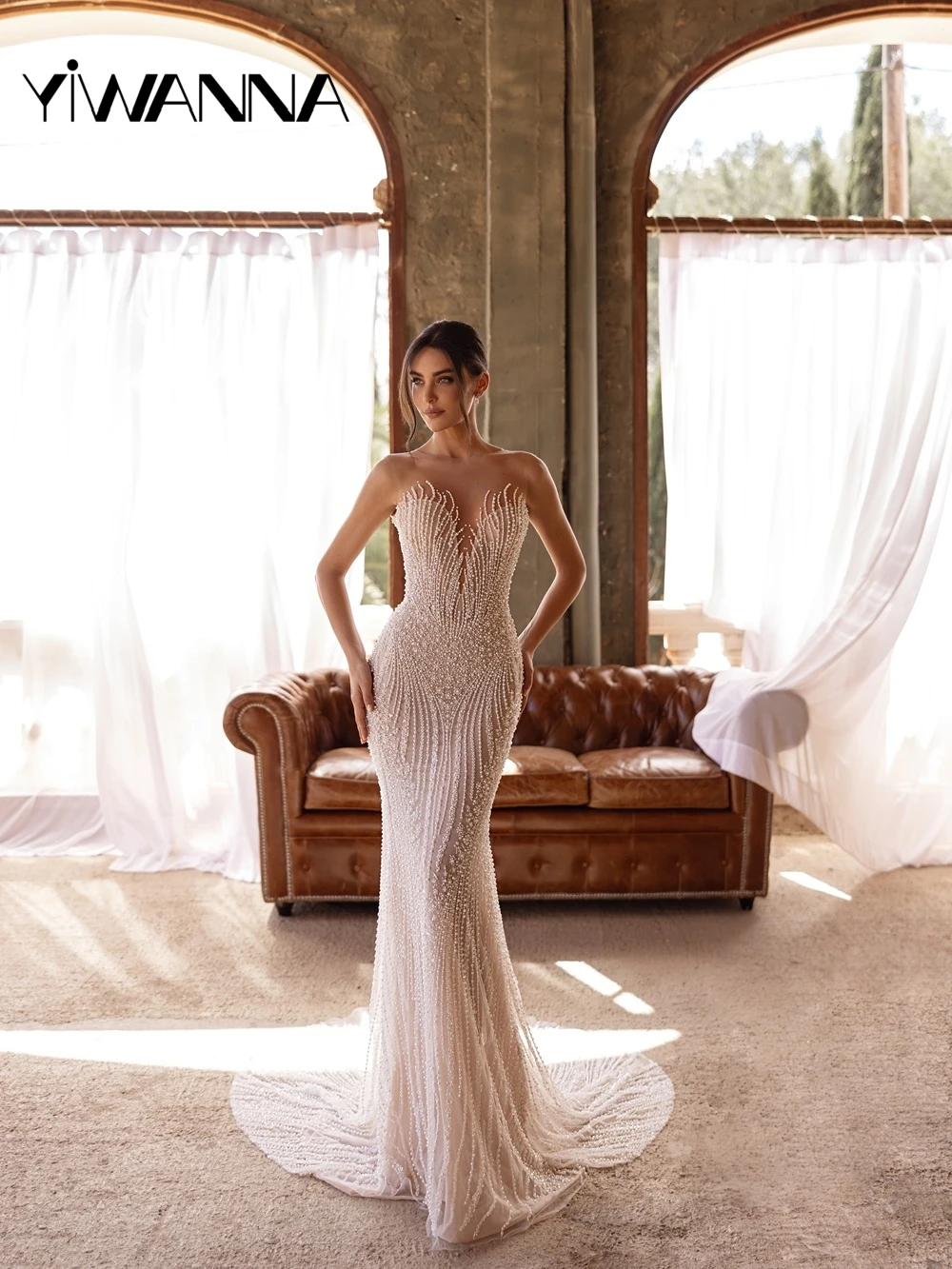 

Gorgeous Pearls Mermaid Long Wedding Dress Illusion V-neck Backless Bridal Gown New Customized Dazzling Dresses For Bride