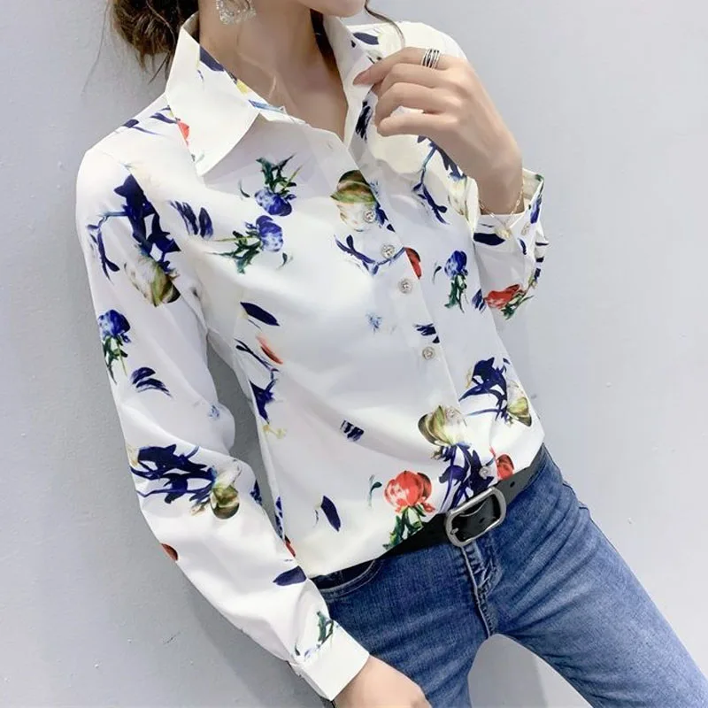 Slim Fashion Long Sleeve Printed Shirt Women\'s Clothing Spring Autumn Korean Casual Turn-down Collar Button Blouse for Female