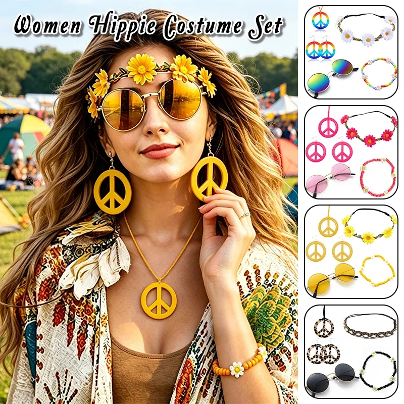

Hippie Costume Women 60s 70s Retro Boho Peace Necklace Flower Crown Sunglasses Headband Halloween Festival Party