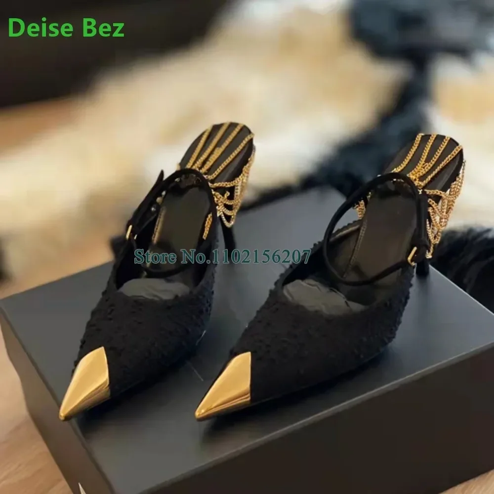 

Metal Pointed Toe Suede Fabric Black Pumps For Female Women Thin High Heel Back Hollow Chain Design Ankle Buckle Strap Shoes