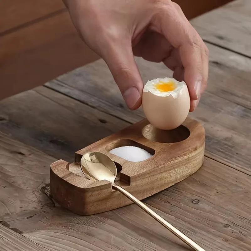

Acacia Wood Egg Tray With Spoon Egg Cup Holder Eggshell Cup Punch Cup Holder Seasoning Hole Kitchen Cooking Accessories