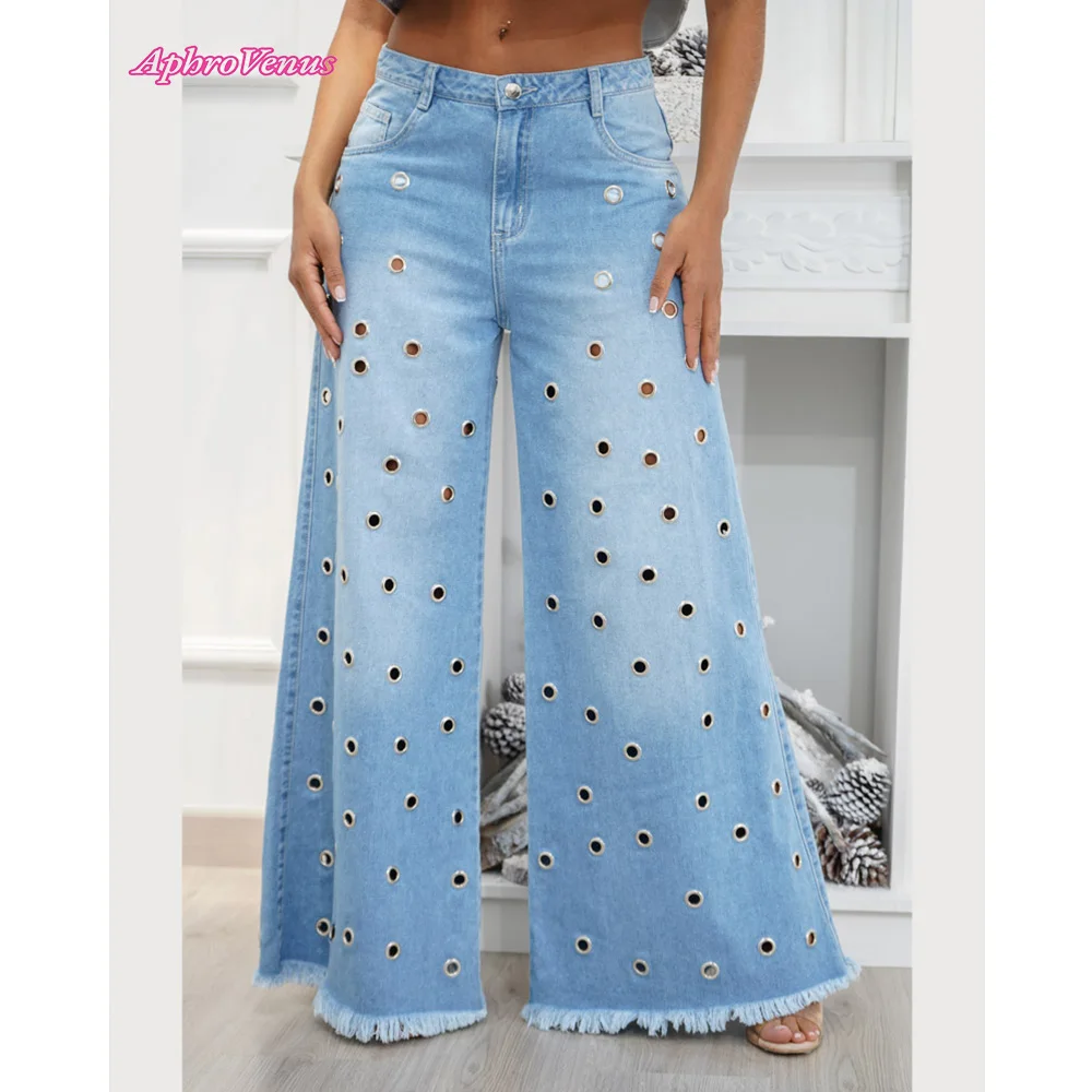 Y2k Streetwear Blue Jeans Woman Pants loose Wide leg pants Fashion designed Casual Denim Trousers Hole jeans 2024