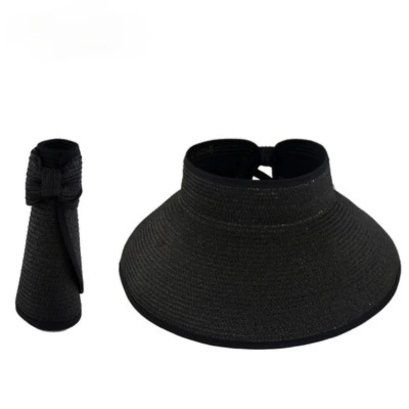 

Women Summer Straw Visor Caps Wide Brim Foldable Sun Hat Ladies Outdoor Traveling Hiking Anti-uv Empty Top Bow Beach Hats