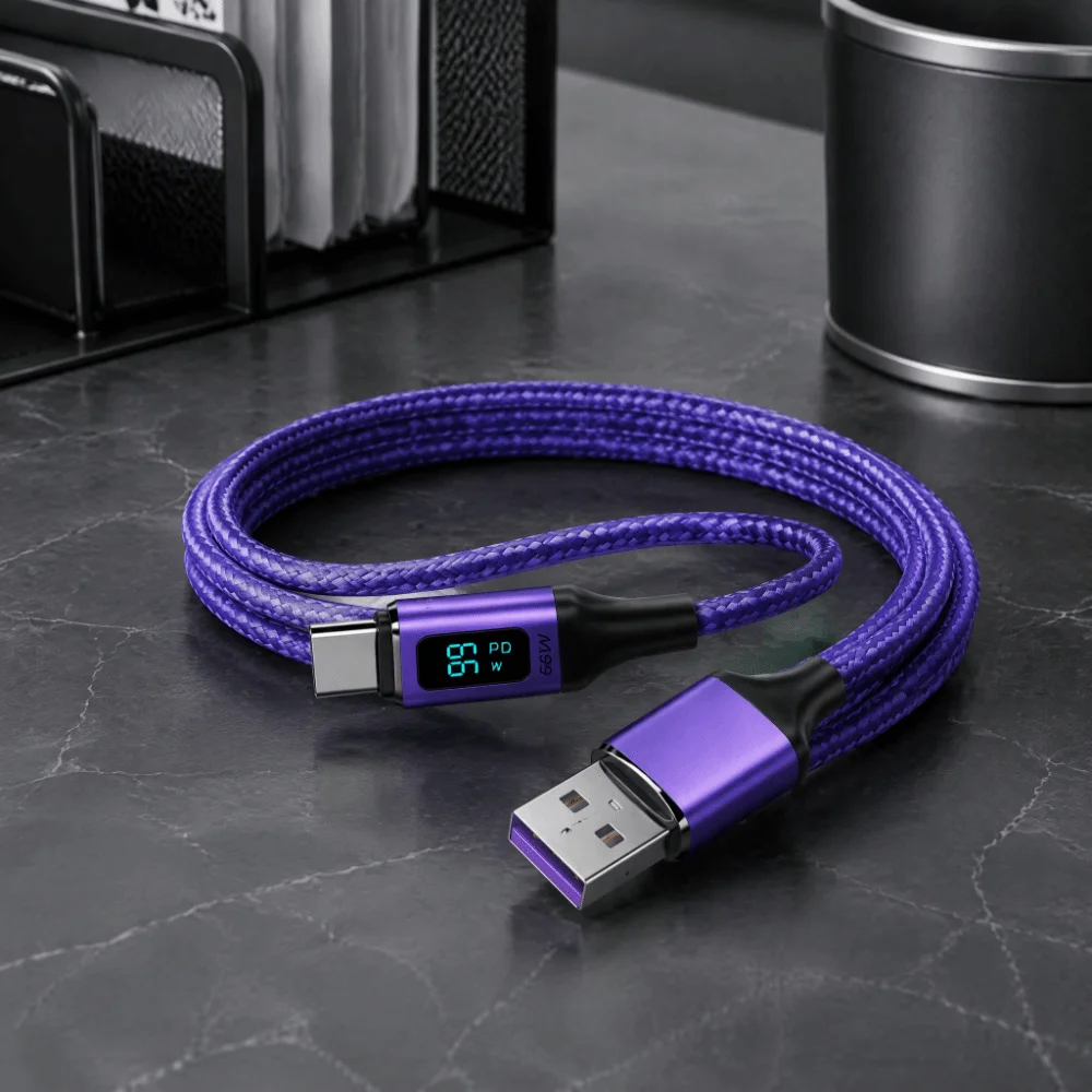 66W USB-A to USB-C Cable Real-Time Display 3A Digital Display Cord Nylon Braided Data Transfer Braided Charging Line