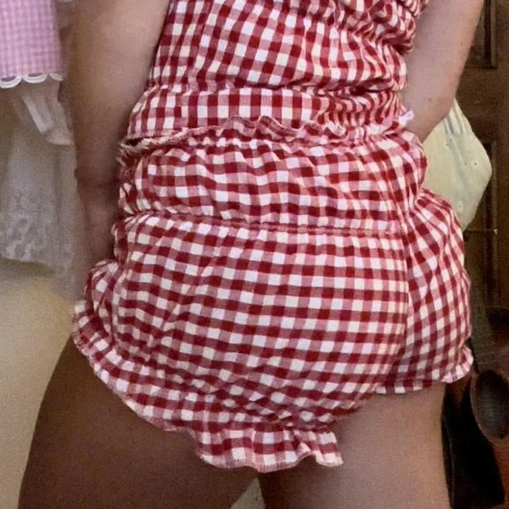 Spitzen-Y2k-Shorts mit Karomuster, Schlafhose, Shorts, karierte, gerüschte Gingham-Shorts, niedrige Taille, lässige karierte Baggy-Shorts im Ins-Stil