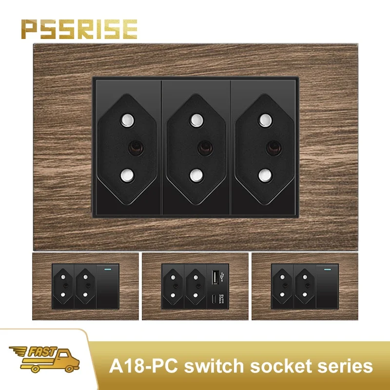 

PSSRISE Black wood grain paneling Brazil Standard socket Double Usb 2.1A 20W Type C wall socket Light switch Switzerland 10A 20A
