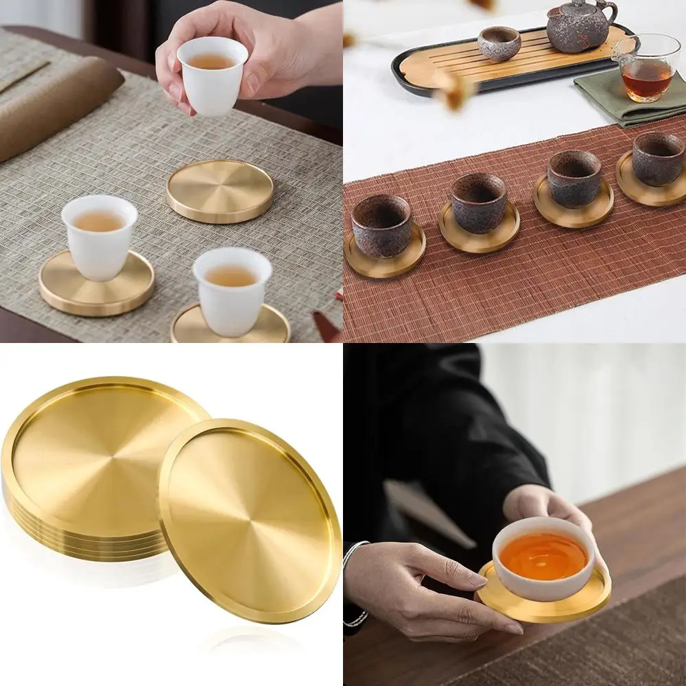 

Elegant Brass Drink Coasters - Set of 6 Mid-Century Modern Bronze Gold Coasters with Copper Accents