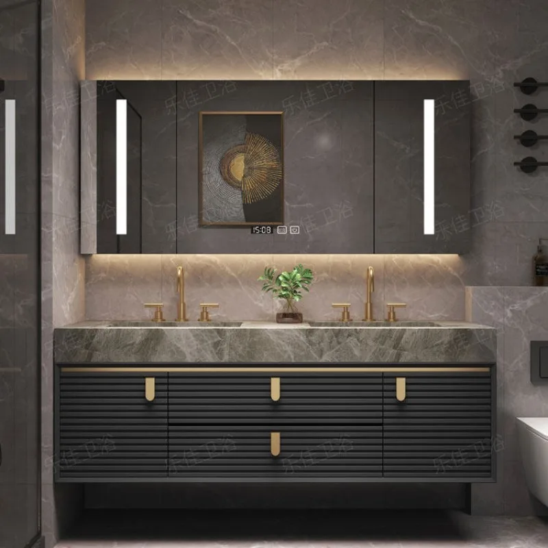 

Light luxury bathroom cabinet oak solid wood modern simple bathroom cabinet hand washbasin rock slab washstand combination