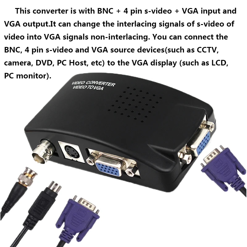 S-Video/BNC VGA to VGA Video PC Converter Adapter with BNC + 4 Pin S-Video Color Black