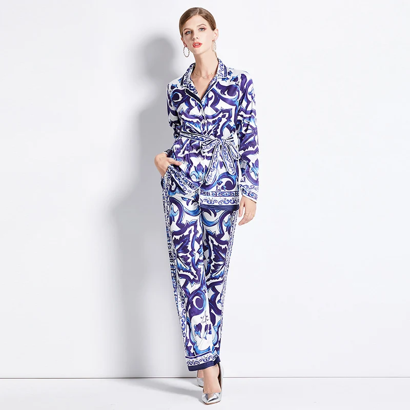 Autumn Fashion Runway Pants Suit Women\'s Long Sleeve Blue And White Porcelain Print Long Jacket + Pants 2 Pieces Set N8730