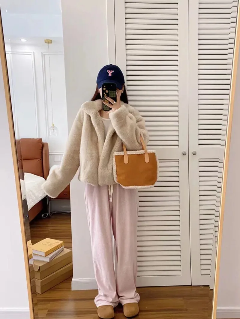 FRAYA LAB Płaszcz z futra Jednoczęściowy futrzany płaszcz ze stójką Krótka ekologiczna kurtka z futra dla kobiet Zimowa puszysta odzież wierzchnia 2026 Nowość