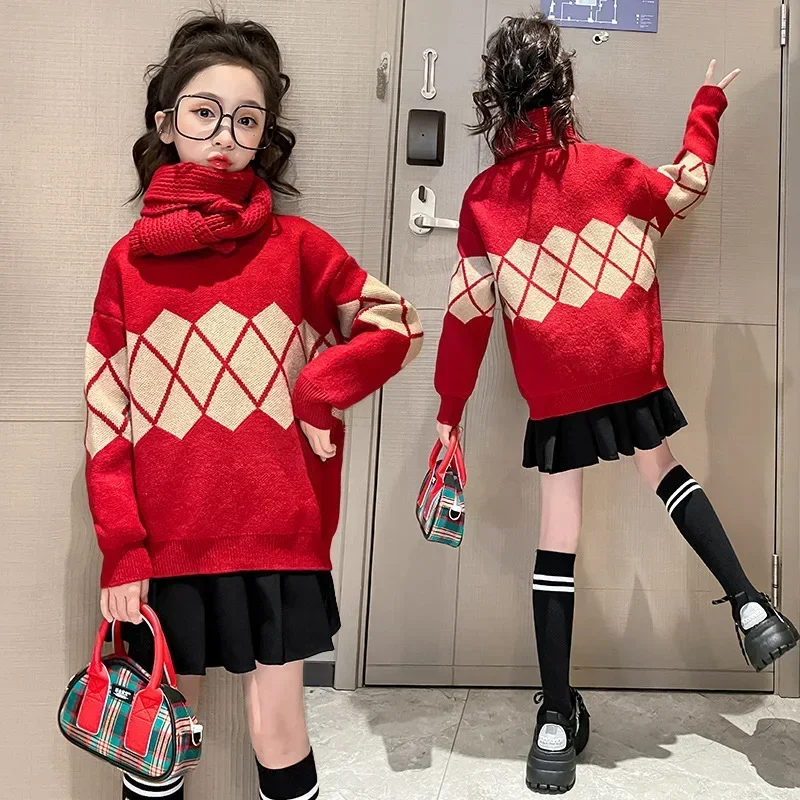 2023 Korean Autumn Winter Junior Girl Knitted Tops Teenager Girl Red Rhombus Sweater Pullover School Girl Thicken Warm Knitwears