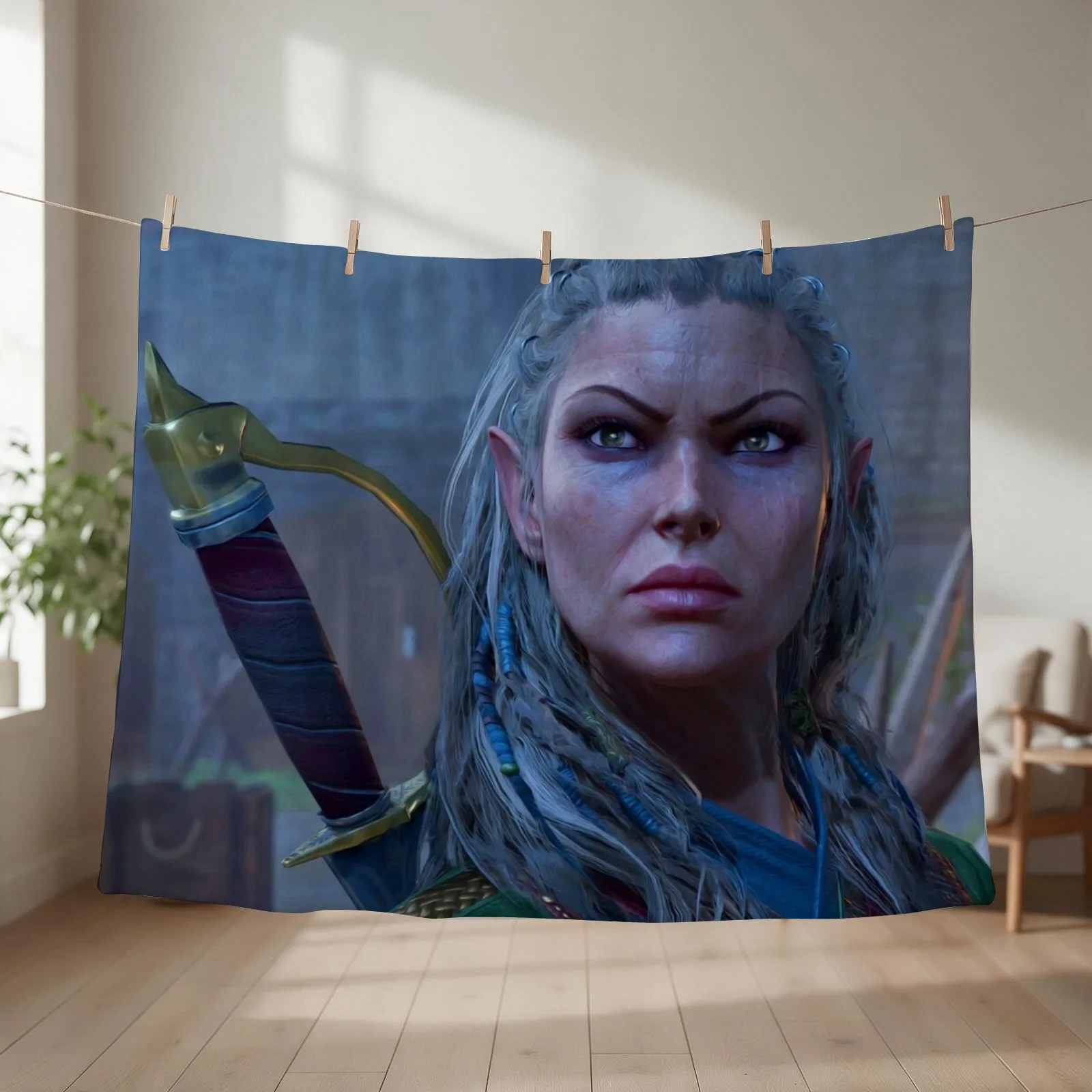 Jaheira Half Elf Fighter Druid Adventurer ready to fight Throw Blanket couch cozy soft plush fuzzy picnic outdoor blanket
