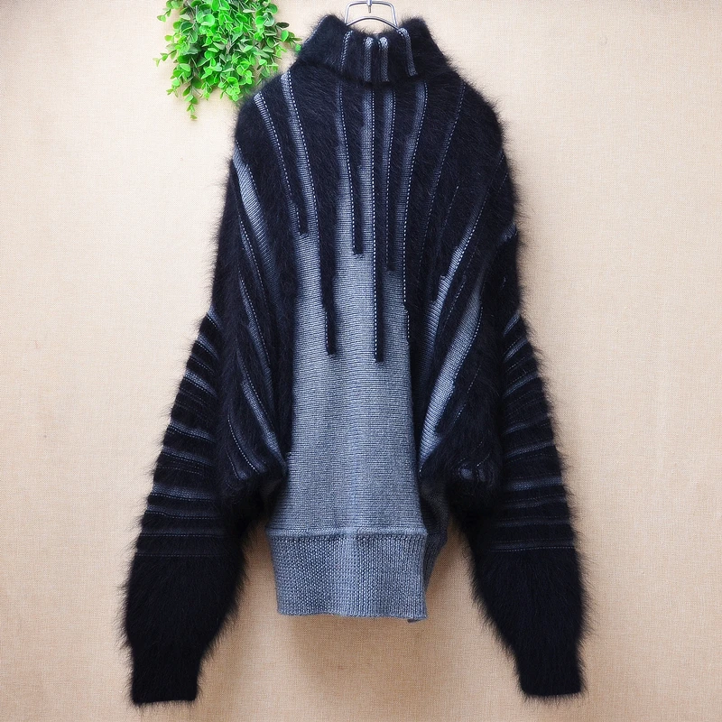 

Female Women Autumn Winter Clothing Black Hairy Angora Rabbit Hair Knitted Turtleneck Long Sleeves Loose Pullover Sweater Jumper