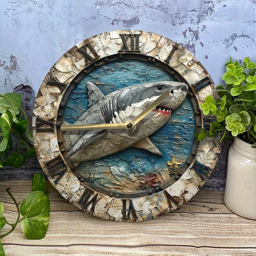 1pc 8x8 Inch 2D Effects Silent Wall Clock Aluminum Metal Shark Theme Decoration For Boys' Bedrooms Summer & Graduation