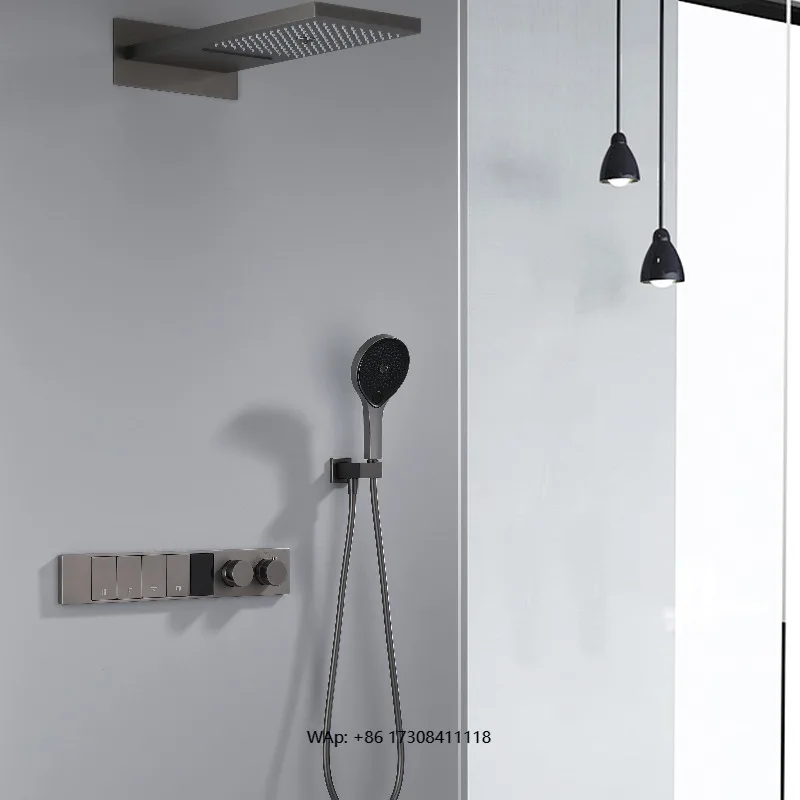 Full high-pressure shower, overhead rain shower set with showerhead and hose, with temperature control switch