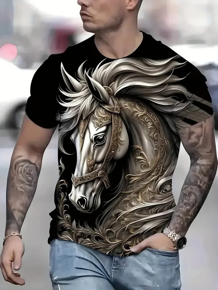 

Men's horse pattern 3D printed T-shirt summer fashion leisure quick drying short sleeved men's sports loose plus size men's Tee