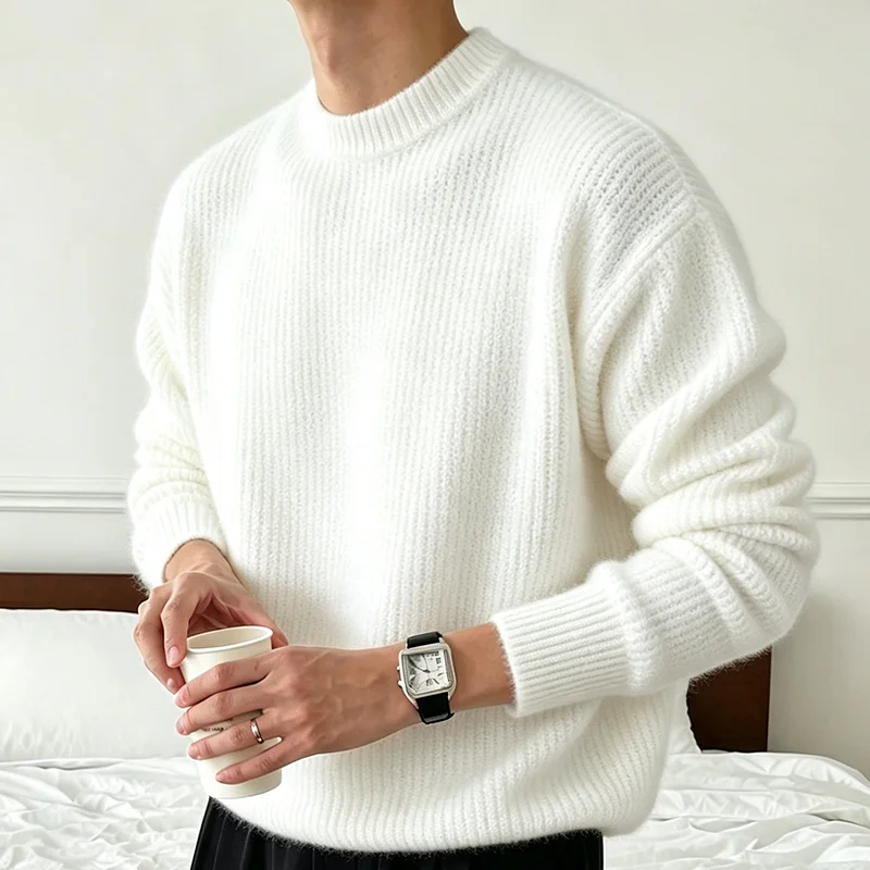 Neuer Herren-Strickpullover in Unifarben für Frühling und Herbst, Lässiger Modischer Pullover mit Gerippter Textur, Langen Ärmeln und Rundhalsausschnitt – Detail 7