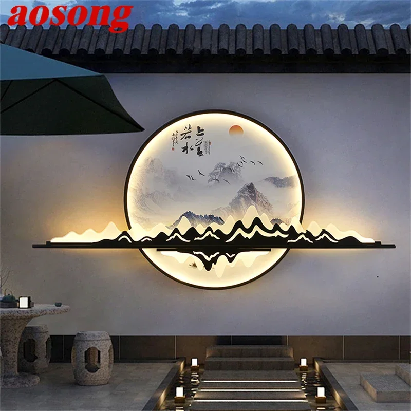 Aosong Solar Outdoor Muurschildering Lamp Creatief Cirkelvormig Landschap Waterdicht Muurschildering Buitenvilla Binnenplaats Tuindecoratie Schilderij