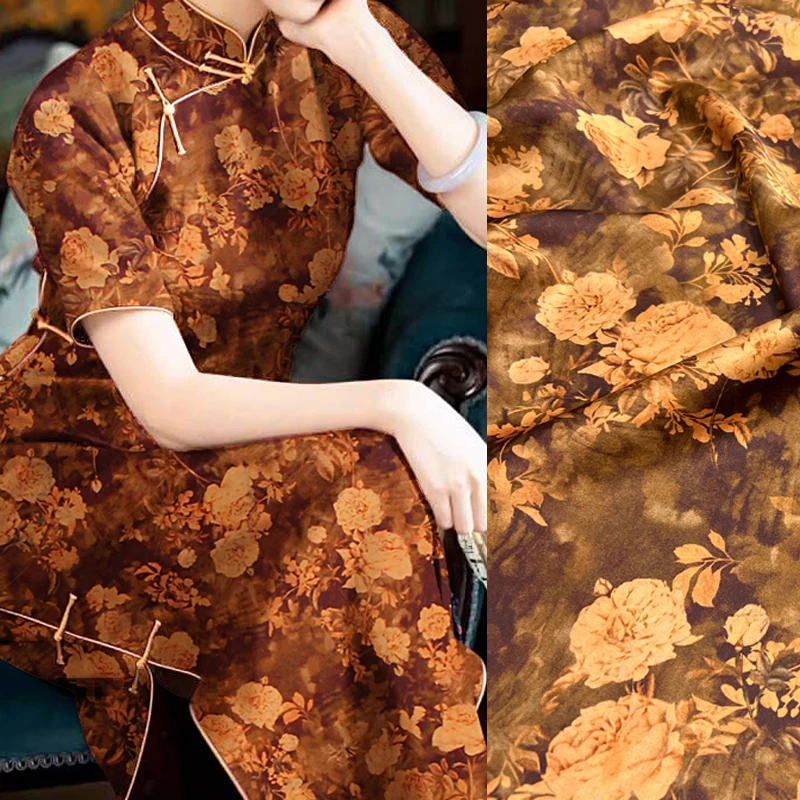 Luxury Gambiered Gauze Silk Fabric with Rose on Brown Design for Cheongsam Horse Face Skrit Dress, 120CM Wide 25MM E1555