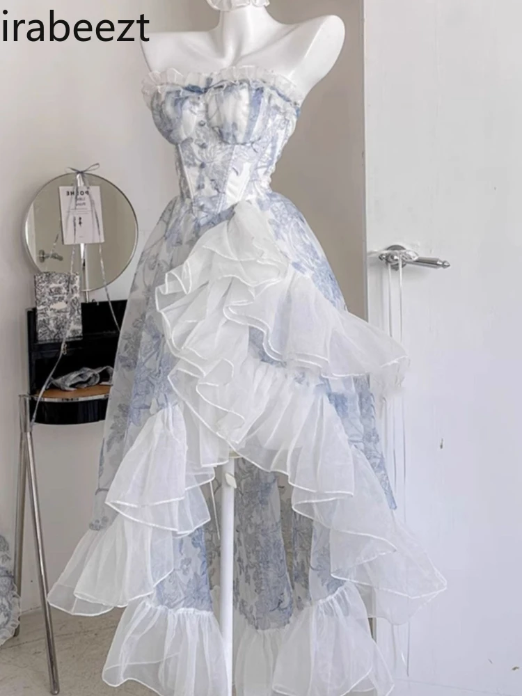 

French Blue Floral Bustier Dress Women's Vintage Lolita Summer Long Dress Elegant Princess A-line Maxi Robe Vestido