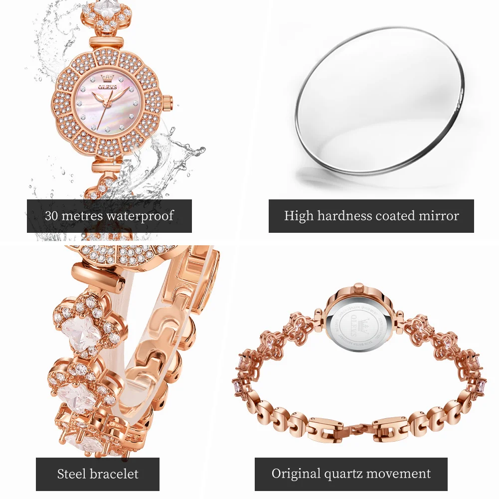 OLEVS Women's Watches Fashion Luxury Golden Stainless steel Quartz Watches Original Waterproof Diamond setting Ladies Watches