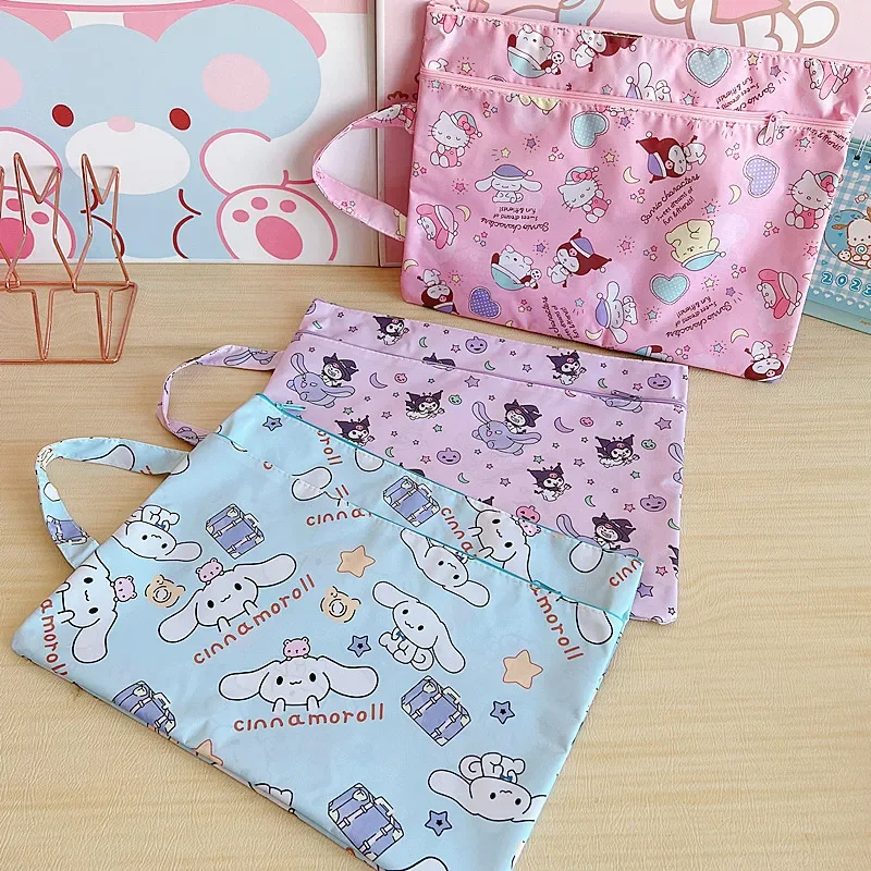 Anime Sanrios Cartoon Hellokittys Kuromi Printed Waterproof Double-layer Zipper Portable File Bag A4 Portable Ticket Storage Bag