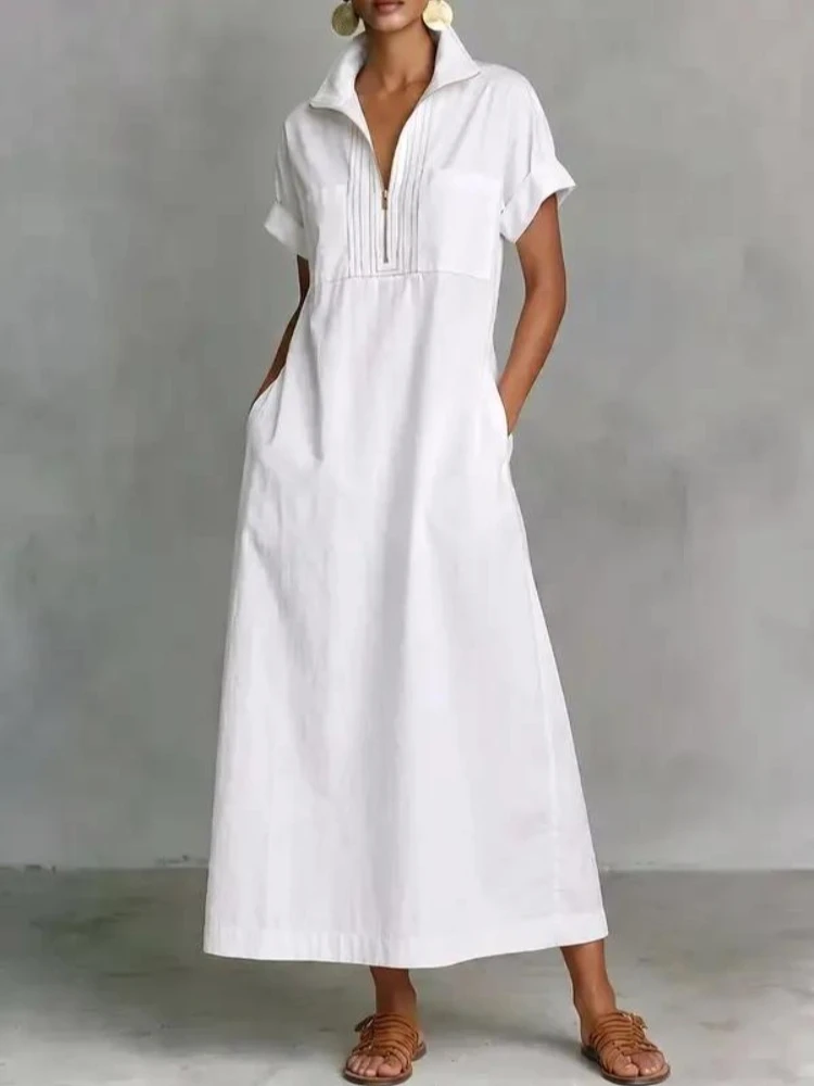 Yeezzi Women's Solid Color Half Zip Cotton Midi Dresses 2026 New Short Sleeves Pockets Stand Collar Pleated A-line Shirt Dress