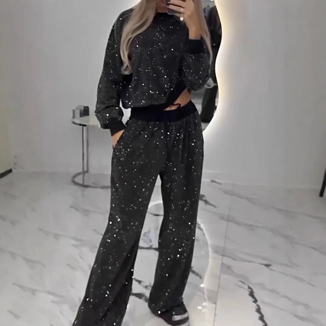 Spring Autumn Fashion Sequin Suit For Women 2025 Elegant O Neck Pullover Tops Lace Up Long Pant 2 Piece Set Lady Sports Suit