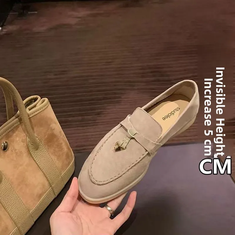 Women's Fringe Lock Buckle Heightening Bean Bean Cashmere Slip-On Shoes Spring 2026 Fashion Retro Style round Toe mid Heel