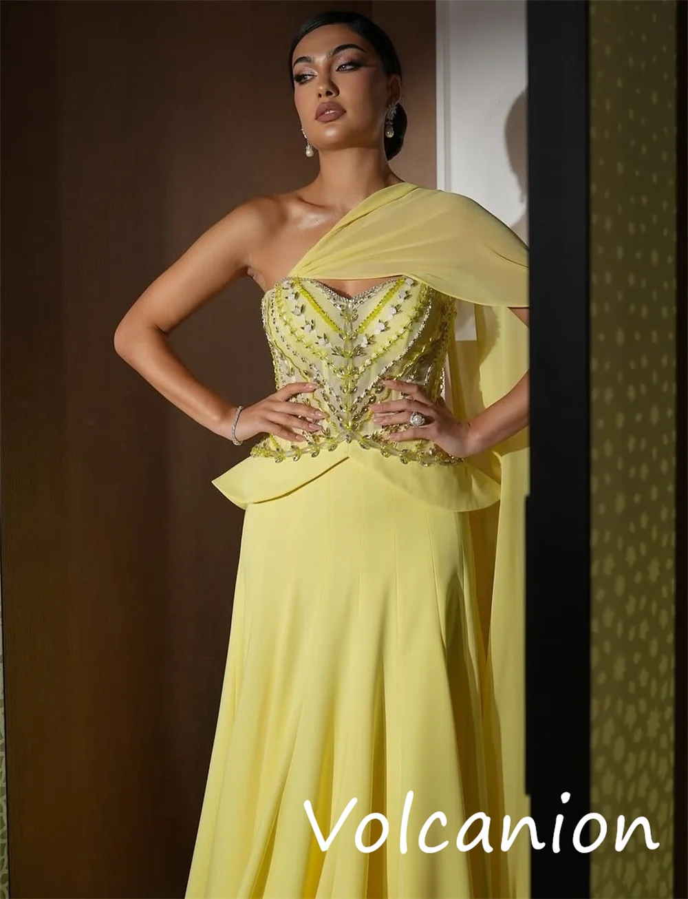 Customized Intricate Matching Jersey Sequined Pleat A-line One-shoulder Long Dresses Bespoke Occasion Casual