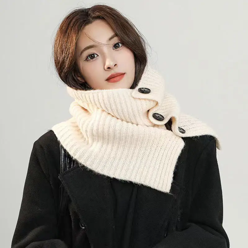 Knitted Fake Collar Scarf Women Warm Turtleneck Neck Warmer Detachable Winter Windproof Scarf Vintage Knitted Yarn Button Fork