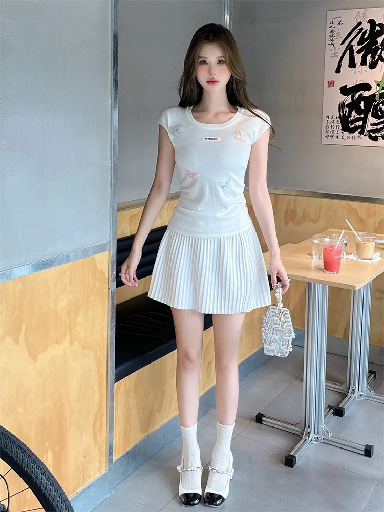 

Модный вязаный комплект из топа и юбки белого цвета, облегающий силуэт, для женщин, летняя новинка, магазин IcyNude