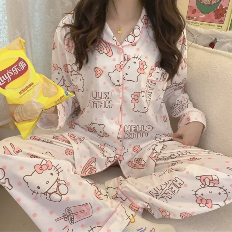 Sanrio Hello Kitty pajamas winter women's suit thermal women's pajamas long sleeves trousers two-piece set HelloKitty loungewear