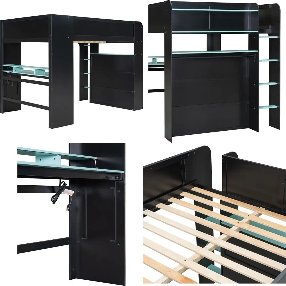 Large Wood Bunk Bed with Adjustable Desk, Wardrobe, Storage, RGB Light - Cloud Blue