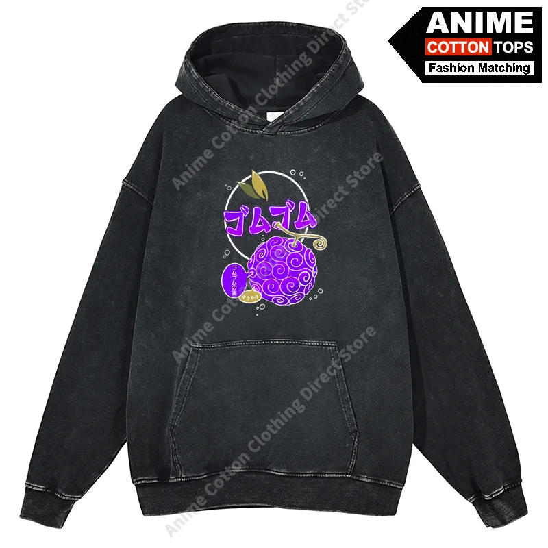 Anime Pirate King Peripheral Clothing Devil Fruit Hoodies Cotton Washed Vintage Unisex Oversized Sweatshirt Black Tracksuit Tops