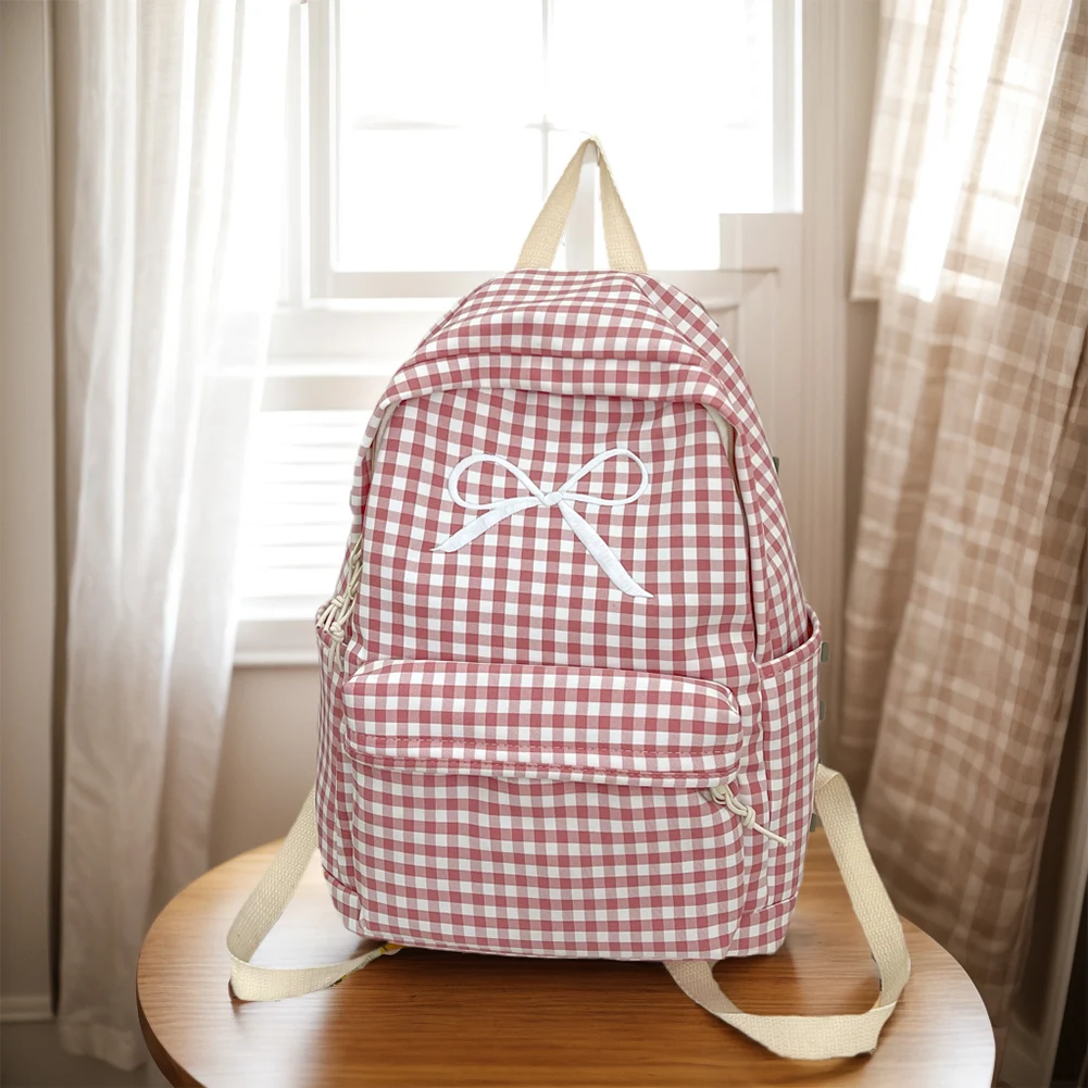 

Adorable Bowknot Plaid Backpack Lightweight Nylon Bookbag Perfect for Students and Casual Travel for Girls and Women