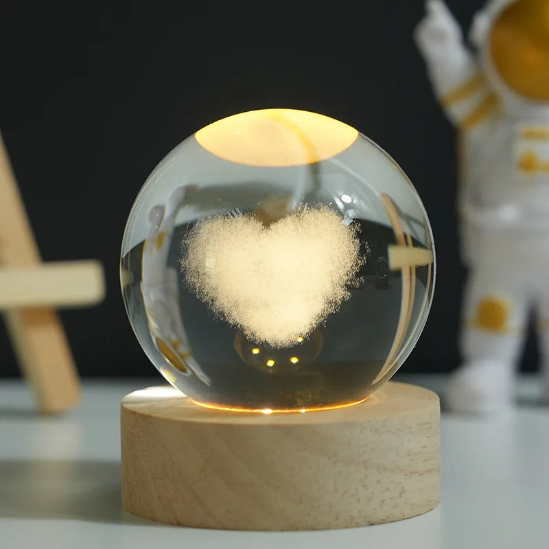 3D crystal ball, carved wooden base, solar system balloon, planetary night light, birthday gift, home desktop decoration