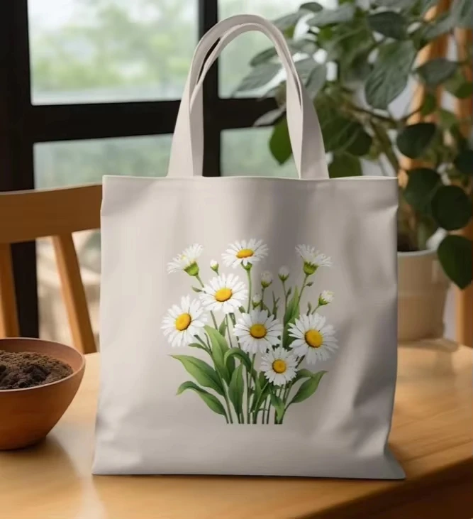 Love Pattern Print Canvas Tote Bag Convenient Storage Bag for Going Out Traveling Shopping Casual Bags Flower White Canvas Bag