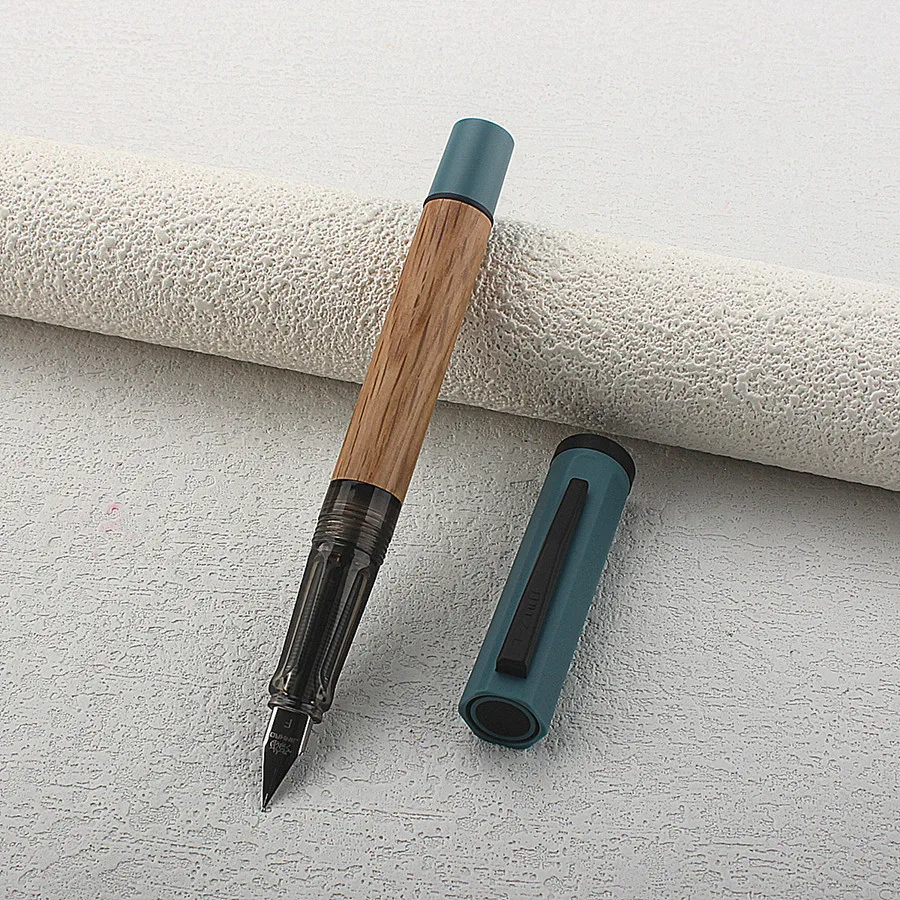 Jinhao 58D Fountain Pen Natural Wood Barrel Blue Resin Cap Retro Smooth Writing Ink Pen Business Office Signature PK 59