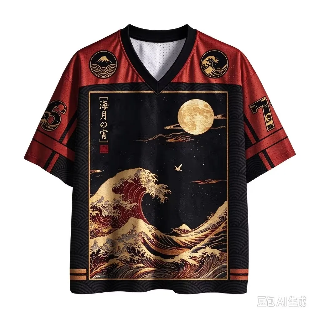 T-shirt à col en V pour homme, imprimé 3D vague Ukiyo-e japonaise rétro, séchage rapide, respirant, style streetwear, hip-hop, Y2K, vêtements assortis parent-enfant