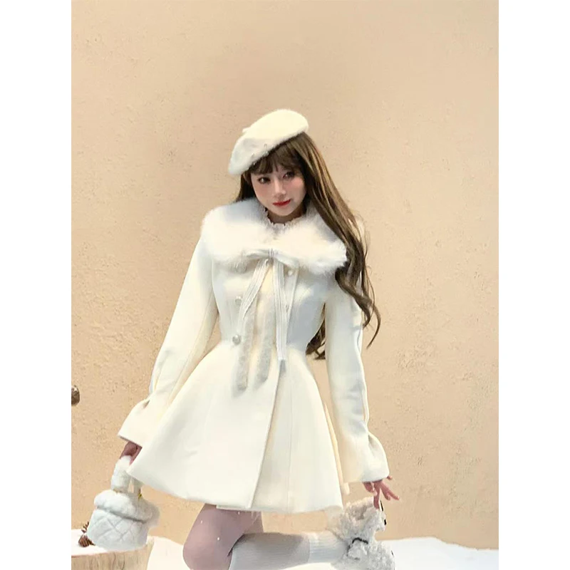 Kawaii Boog Mini Jurk Vrouwen Mode Nepbont Patchwork Jurken Herfst Winter Koreaanse Elegante Lange Mouw Ontwerp Bodycon Vestidos